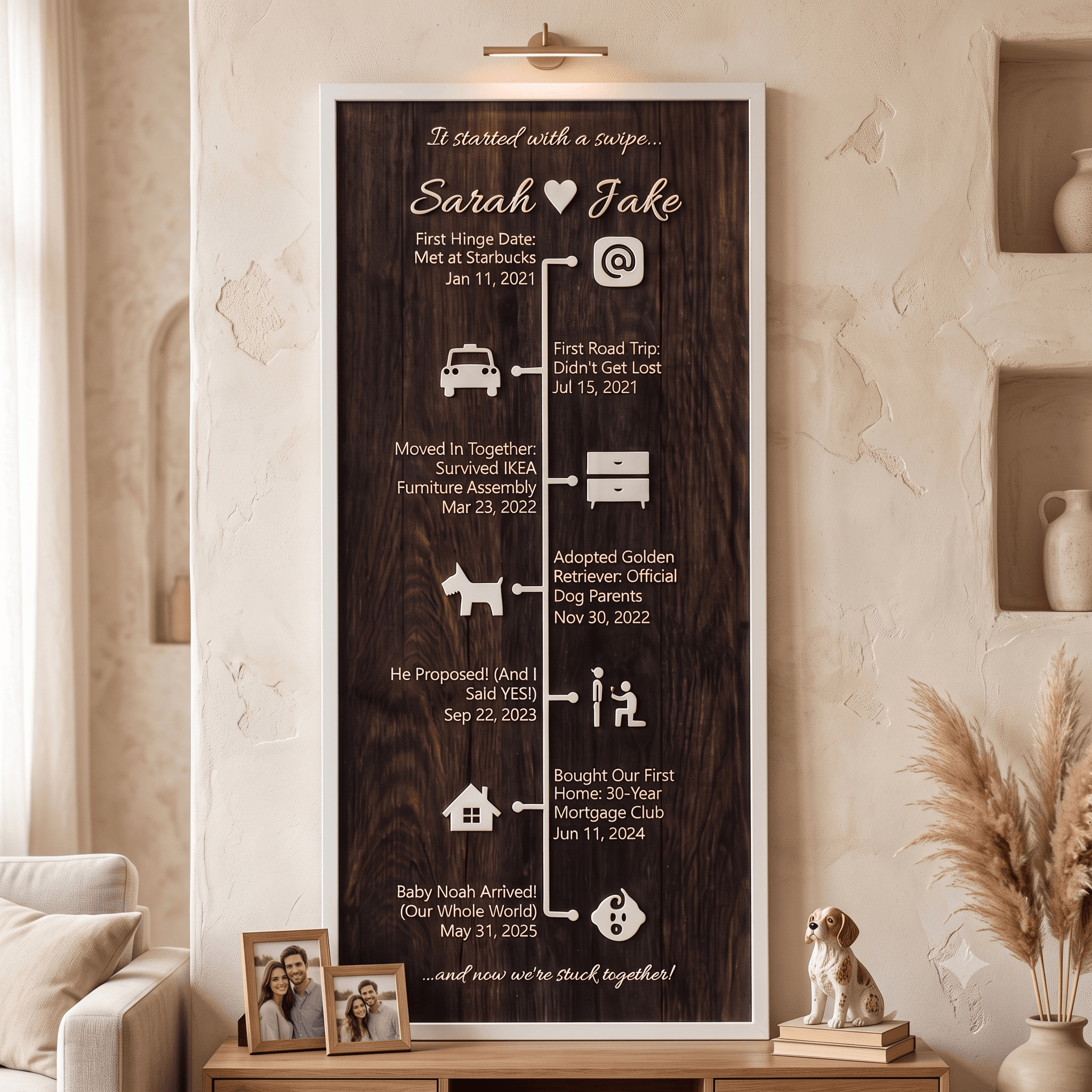 Vertical love story wood sign personalized with a couple's names and timeline, hung as bedroom wall decor