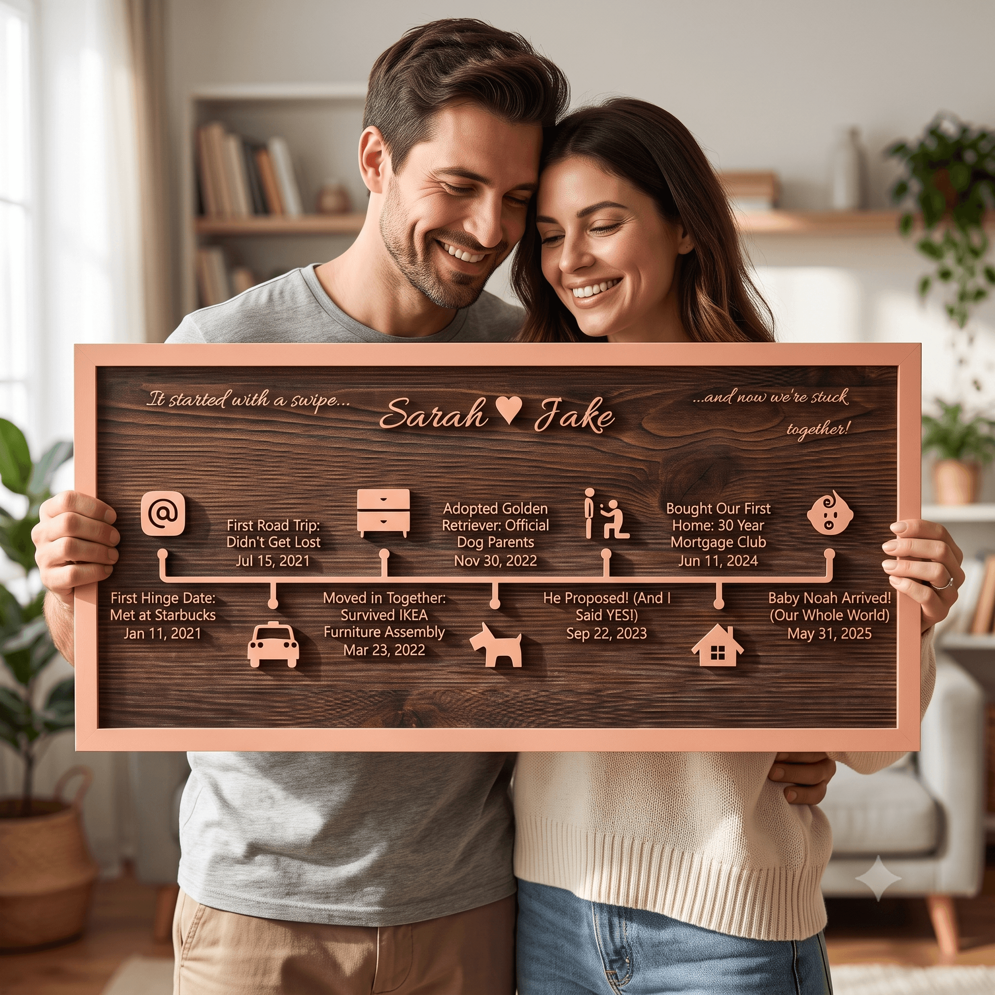 White-framed custom love story timeline wood sign displayed on a living room wall