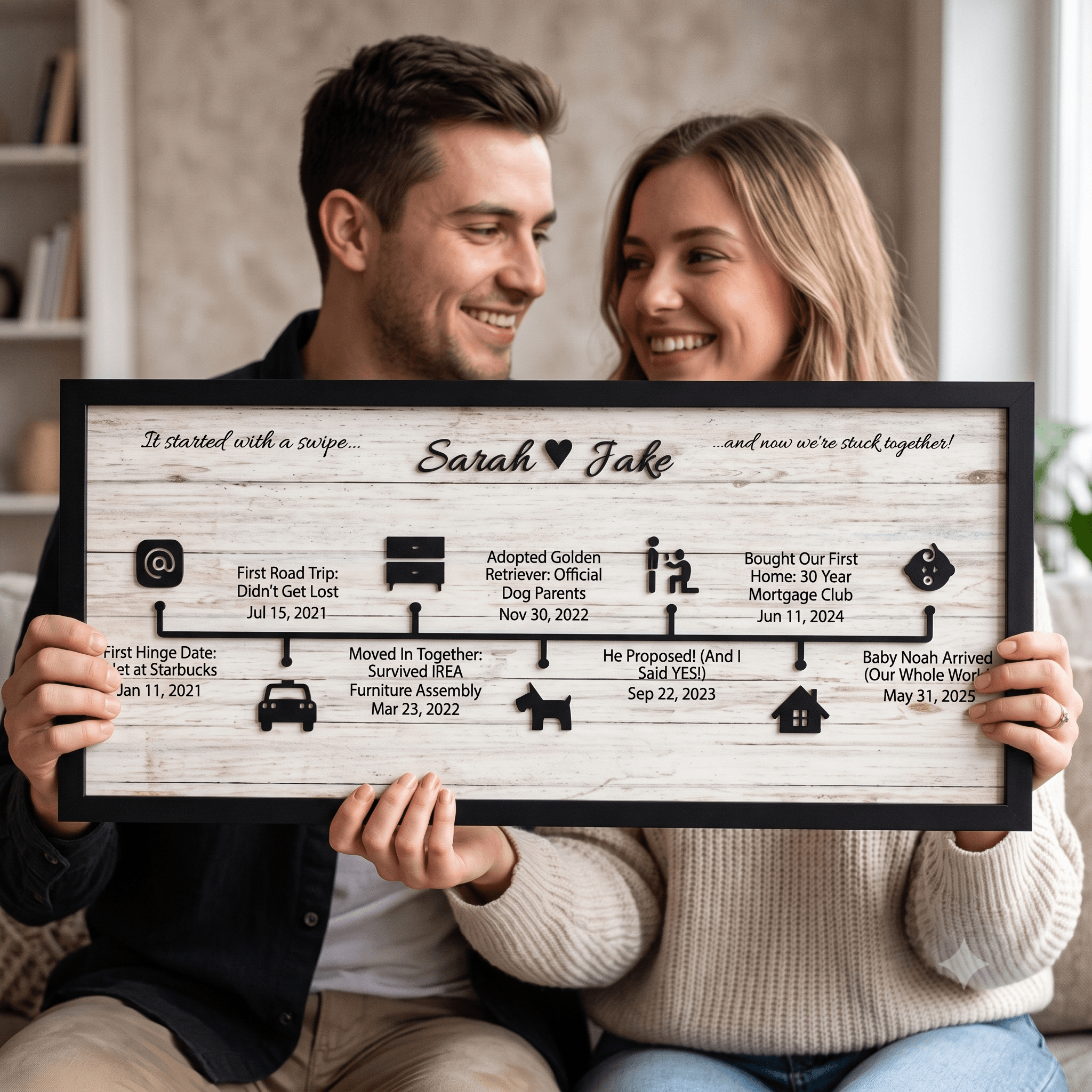 Couple sitting together holding their custom romantic love story wall art sign