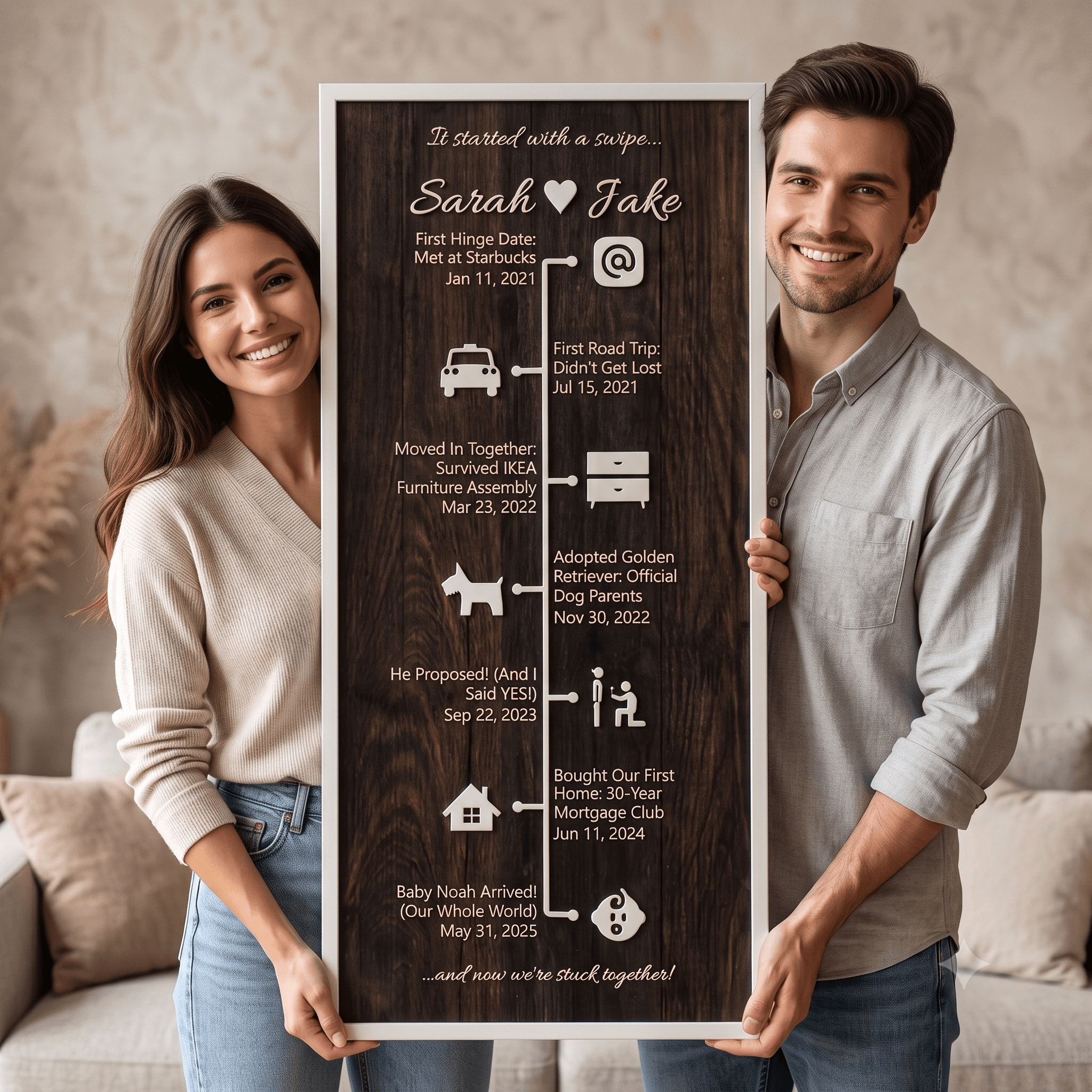 Detail view of a custom wood love story sign showing the UV-printed wood grain background and laser-cut icons