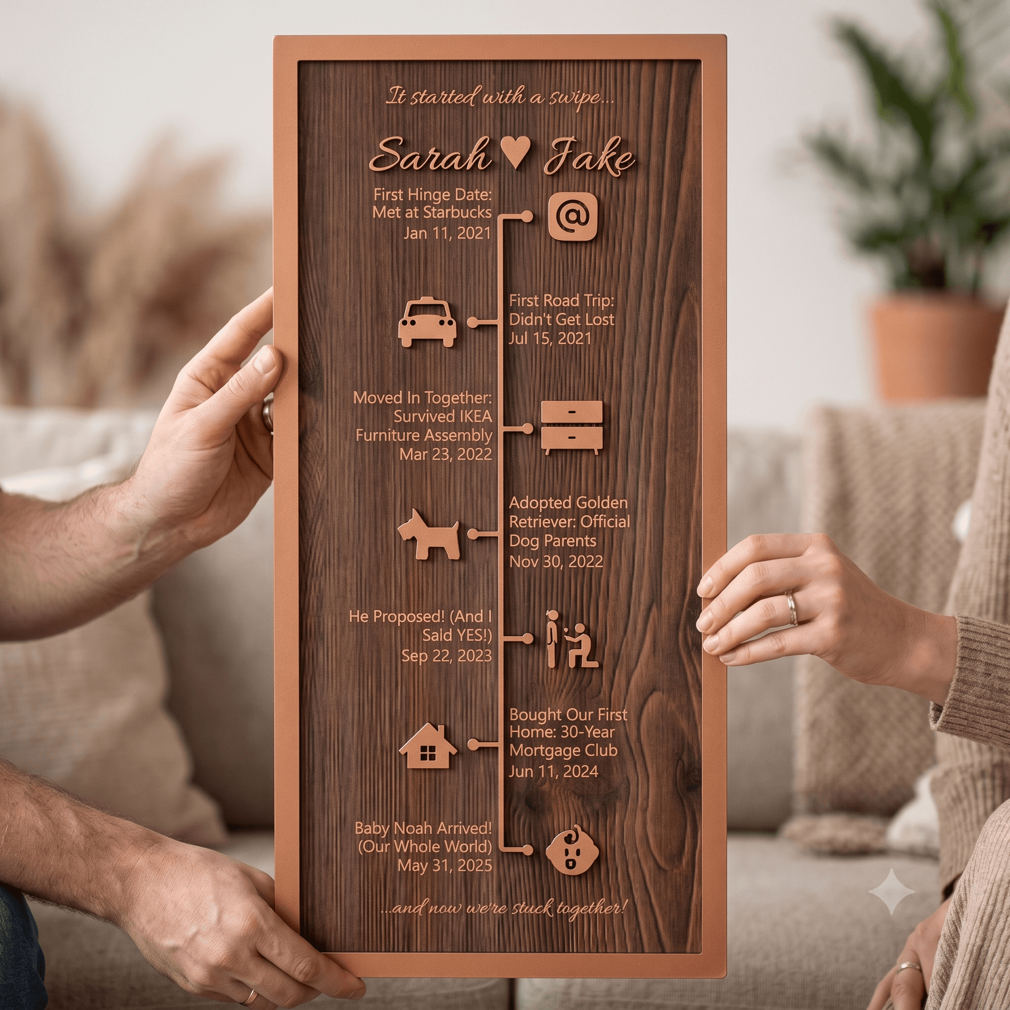 Vertical love story wood sign shown in the walnut brown frame color option